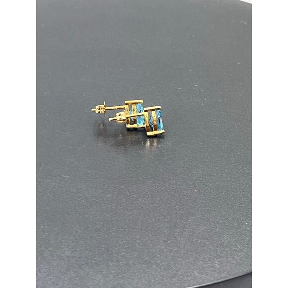 Designer Signed 14k Yellow Gold Trillion Cut Blue Topaz Stud MEXICO Dec Earrings - Picture 3 of 10